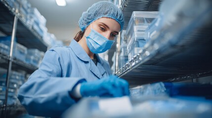 Healthcare worker in mask and gloves organizing medical supplies in a sterile storage room, ensuring safety and hygiene in hospital logistics and inventory management