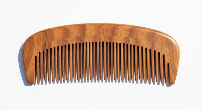 Wide tooth wooden comb on white background for hair care and styling