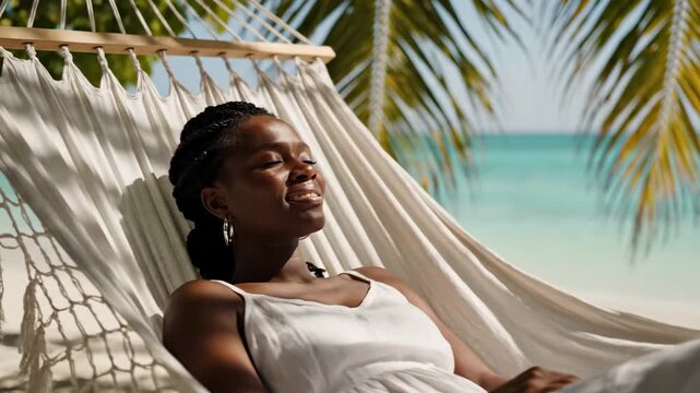 Relaxed Woman Enjoying Tropical Beach Vacation in Hammock Under Palm Trees.
