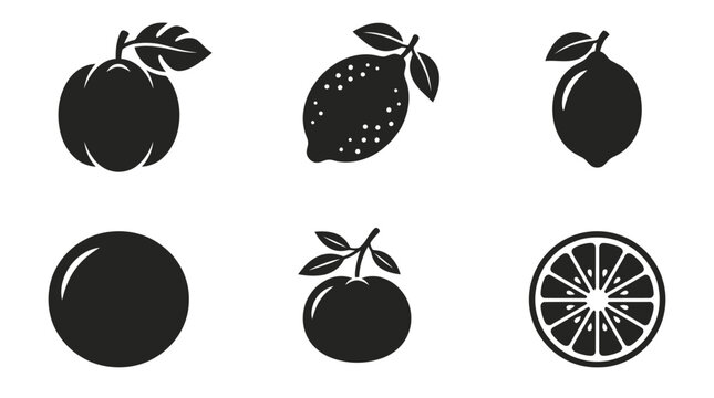 Collection of black silhouette fruit icons including peach, lemon, orange, and lemon slice