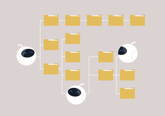 Little robots navigate a vibrant digital landscape filled with yellow file folders, Their curious eyes hint at the exploration of information and data management in this imaginative setting.