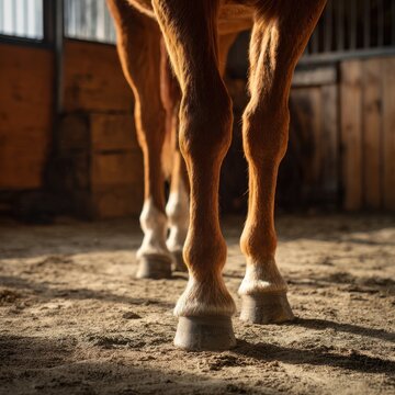 Close-up of a chestnut horse leg and hoof in square-format photography