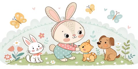 Naklejka premium Playful moments in a serene garden as a bunny befriends a curious kitten and joyful puppy under the watchful gaze of butterflies Gai, bunny, kitten, puppy, rabbit, garden, butterflies, cute, animals, 