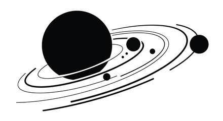 A black and white illustration depicting a planet with rings and orbiting moons © Saidul_Studio1984