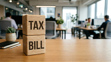 Obraz premium Wooden blocks with words tax and bill stacked on desk in modern office environment with people working in background, conveying financial and business concepts