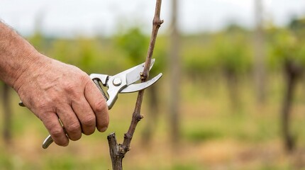 Gardener carefully pruning a young vine with pruning shears in a vineyard with blurred green background