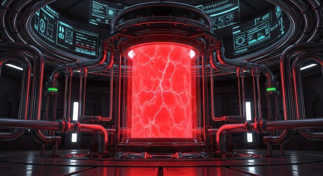 A high-tech laboratory chamber containing a cylindrical glass reactor filled with glowing red energy and electrical arcs.