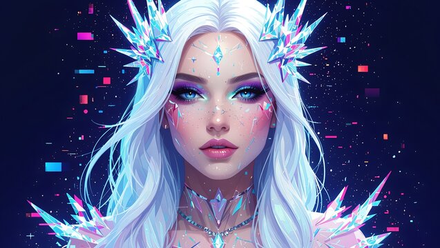 Captivating ice queen with ethereal beauty and shimmering crystal accents in a cosmic landscape at twilight ai, ice, queen, cosmic, beauty, crystals, starry, night, ethereal, mystical, elegance, fanta