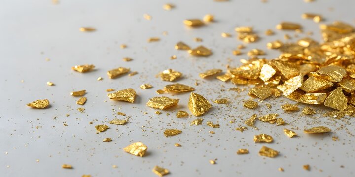 Glistening fragments of gold scattered across a pristine surface, capturing light and intrigue in a captivating display of natural beauty and luxury ai, gold, fragments, shimmer, luxury, beauty, scatt