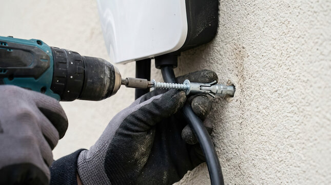 Installing wall anchor with electric drill and gloved hand on textured exterior wall surface, close up of repair work with power tool and metal fastener