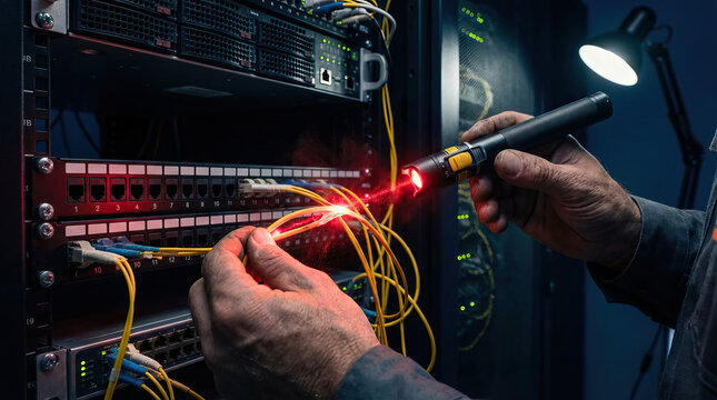 Network cable Server rack Patch panel Fiber optic cable Technician hand Flashlight Data center Ethernet cable Network maintenance Technology repair