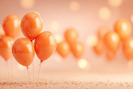 Cheerful party decor featuring floating orange balloons and confetti