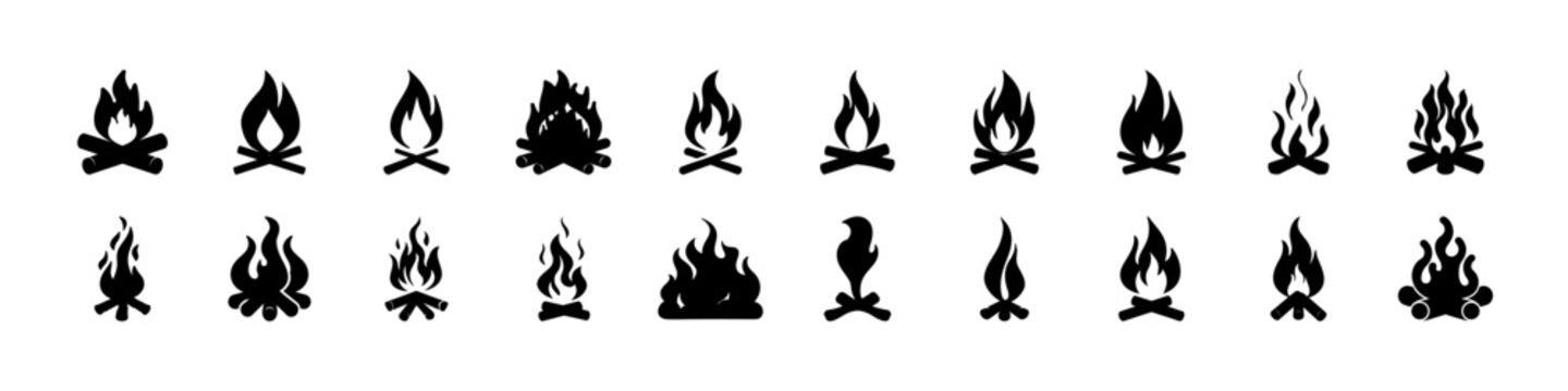 Campfire Flames and Fire Silhouette Icon Set - Black silhouettes of campfires, flames, and burning fire shapes arranged as an icon collection for camping, survival, and outdoor adventure graphics.