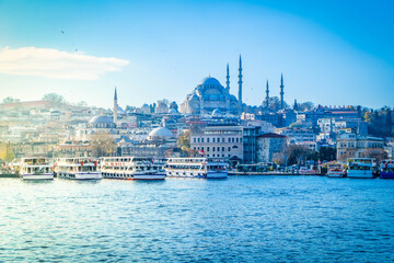 Obraz premium Skyline of Istanbul and Bosporus waterway at sunset, Turkey. Istanbul most iconic lamdmarks.