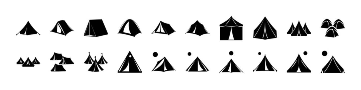Camping Tents and Outdoor Shelter Silhouette Icon Set - Black silhouettes of various camping tents, cabins, and outdoor shelters arranged as an icon set for hiking, adventure travel, and campsite grap
