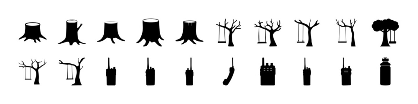 Tree Stump and Forest Tree Silhouette Icon Set - Black silhouettes of trees and cut tree stumps showing forest elements and logging stages, useful for nature, forestry, deforestation, and environmenta