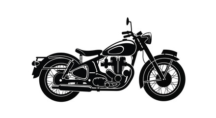 A striking black silhouette depicts a classic vintage motorcycle showcasing its rounded form and detailed mechanical elements high quality © Tushar02