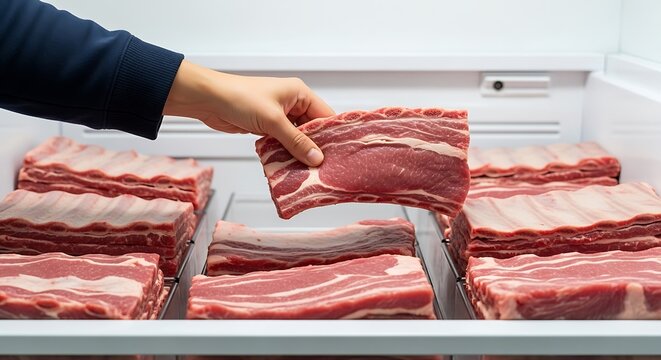 Person Selecting Raw Meat from Refrigerator Shelf.