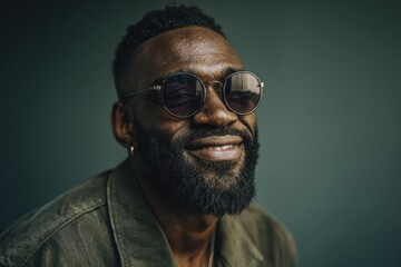 Fototapeta premium Confident African American man portrait with beard and green attire against a green backdrop