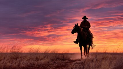 Fototapeta premium Horizon glow: lone cowboy silhouette riding into sunset