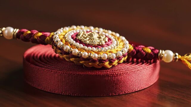 Raksha Bandhan decorative thread with colorful design and beads on satin ribbon. Raksha Bandhan ceremony features intricate patterns with beads showcasing cultural significance and family bond.