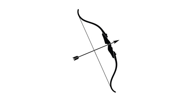 A stark black and white illustration depicts a recurve bow with a nocked arrow poised for potential action and precision
