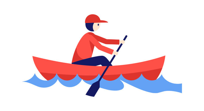 man rowing red canoe on calm water flat design vector illustration