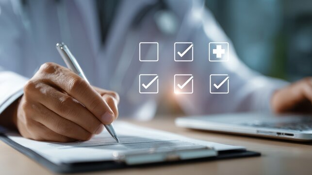 Doctor reviewing online medical checklist on digital tablet, smart healthcare documentation system in modern hospital, physician assessing patient care quality and treatment accuracy, professional cli