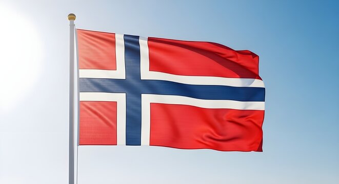 norway flag waving in wind with blue sky background