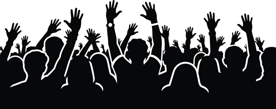 silhouette crowd raising hands up