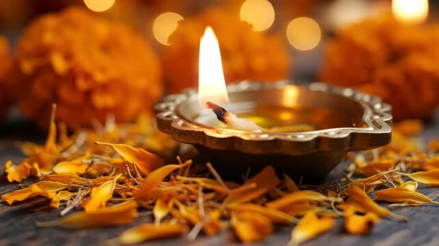 Diwali diya lighting ceremony with traditional oil lamp surrounded by marigold flowers and petals. Diwali celebration includes warmth and brightness of diya complemented by flower decorations.
