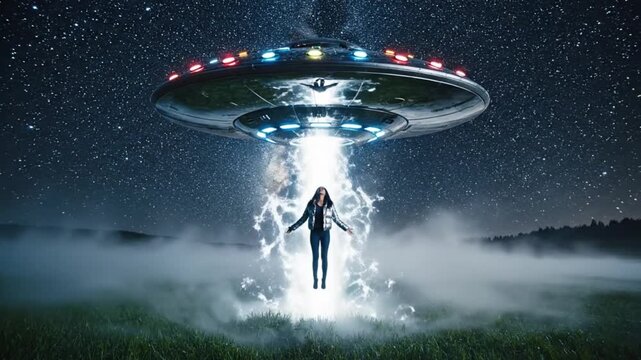 Futuristic UFO Silhouette Above Meadow Landscape in Alien Invasion Concept