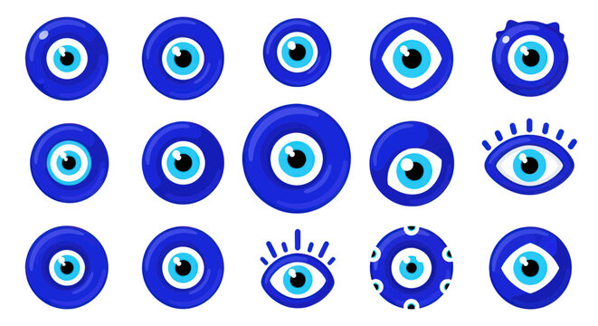 Collection of Blue Evil Eye Symbols on White Background