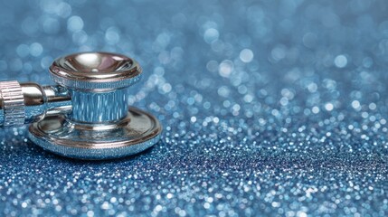 Naklejka premium Healthcare concept with stethoscope on blue shimmering background, macro close-up showing medical tool and diagnostic precision