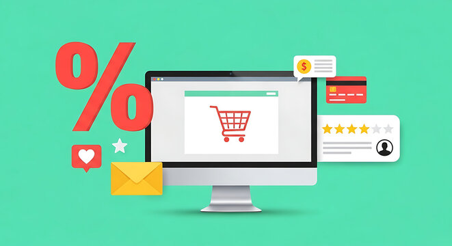 Person using computer with shopping cart on screen surrounded by icons