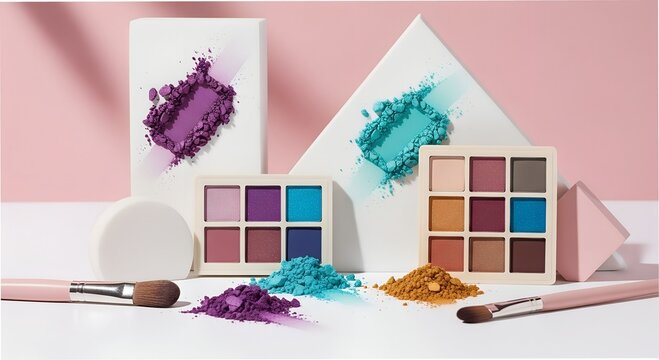 Colorful arrangement of cosmetic palettes and powders decoratively displayed on a vibrant backdrop showcasing creativity and artistry in makeup application ai, cosmetic, palettes, powders, makeup, art