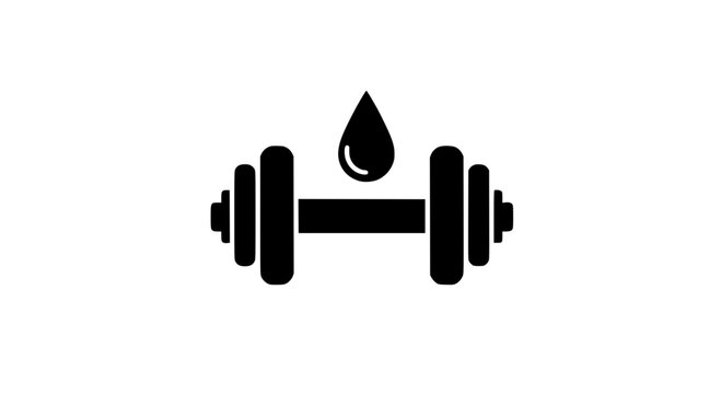 Dumbbell with a single water drop above it in black silhouette style featuring weightlifting, fitness, gym with