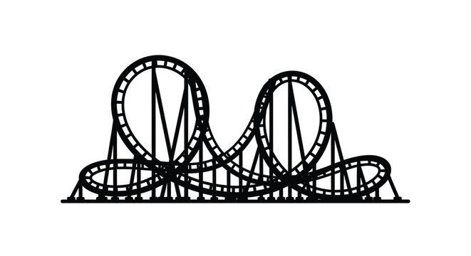 A minimalist black and white illustration depicts a complex roller coaster track with looping curves and steep drops
