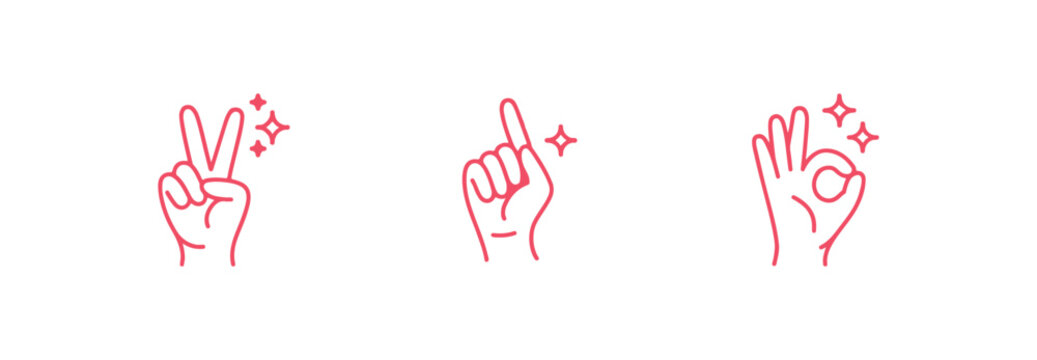 Set of hand gestures with sparkling stars, victory sign, index finger pointing up, and okay sign, pink line art icons on, minimalist hand signals for social media design