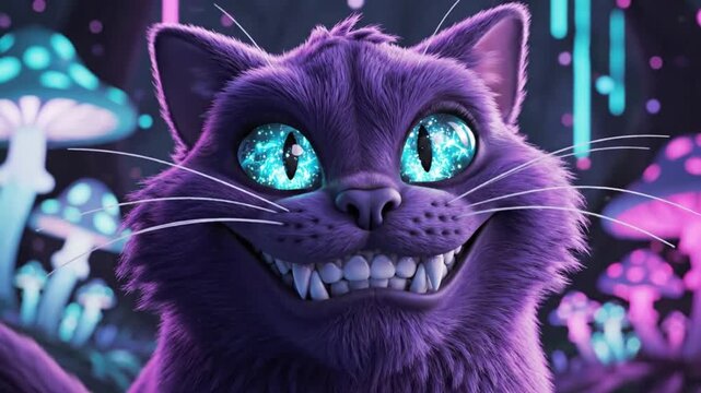 Cheshire Cat Glowing Eyes In Wonderland Forest. 4K Video	