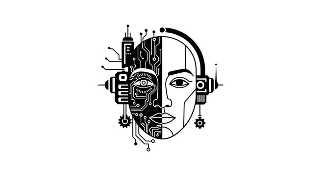 Robotic face with human features.