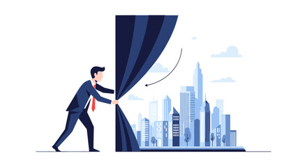 Obraz premium businessman unveiling city skyline growth opportunity vector illustration