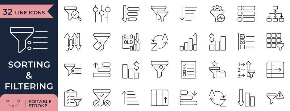 Data sorting and filtering line icons for dashboard interface and analytics tools
