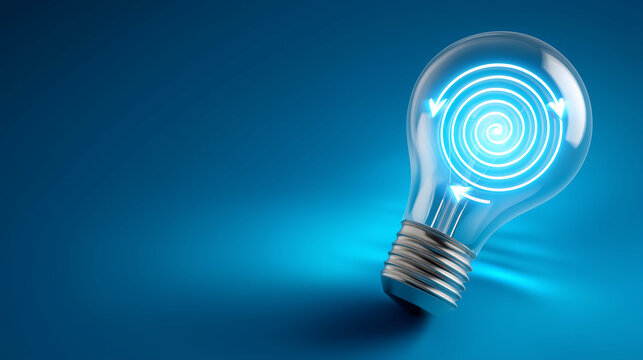 Isometric 3D render of a vivid glowing lightbulb with concentric orbit arrows circling a central target bullseye in a clean gradient blue digital space, strategy and innovation dat