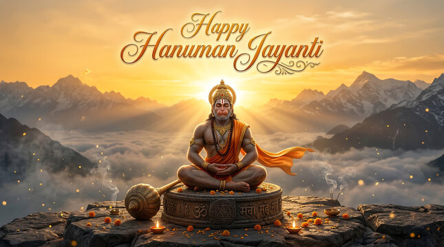 Hindu deity hanuman meditates on mountain peak at sunrise celebrating hanuman jayanti with serene landscape