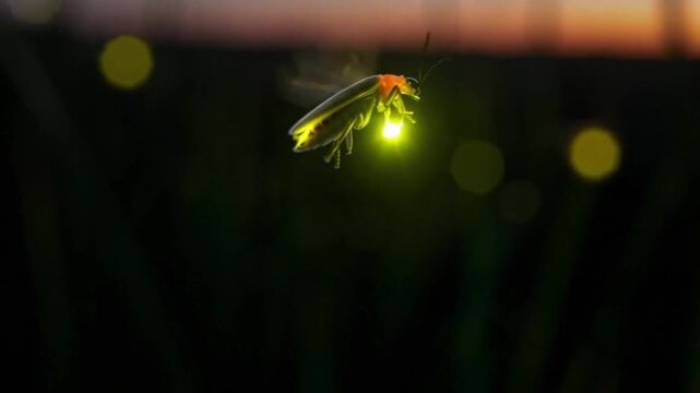 Glowing insect perched on a wet stem with a soft sunset background