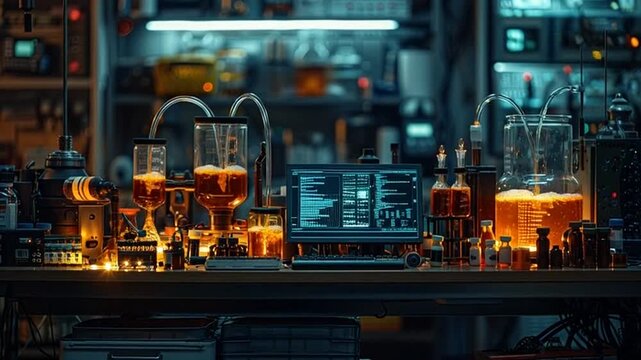 Modern laboratory equipment and computer setup on workbench with various glassware and machinery in a dimly lit research environment