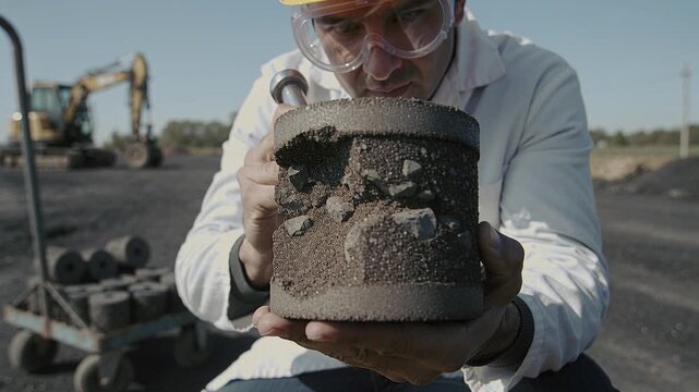 Male engineer examines asphalt core sample for quality control at construction site. Industrial inspection of road materials for durability testing.