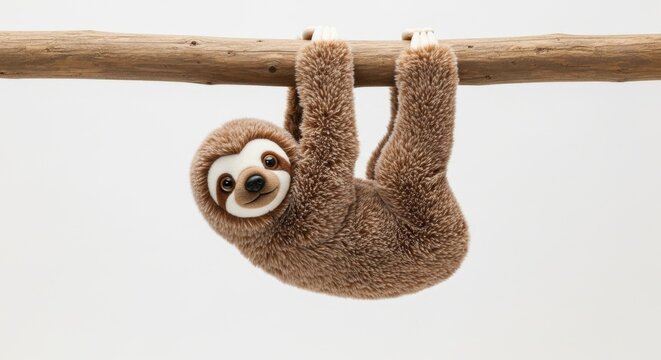 Cute sloth hanging from a branch in soft natural lighting, isolated on white background