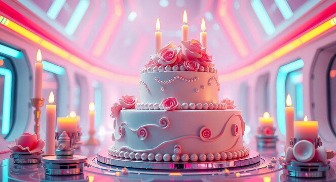 A luxurious round birthday cake in soft pink and pure white tones, adorned with vibrant pink accents. The cake is richly and densely decorated with a multitude of buttercream roses in vibrant pink